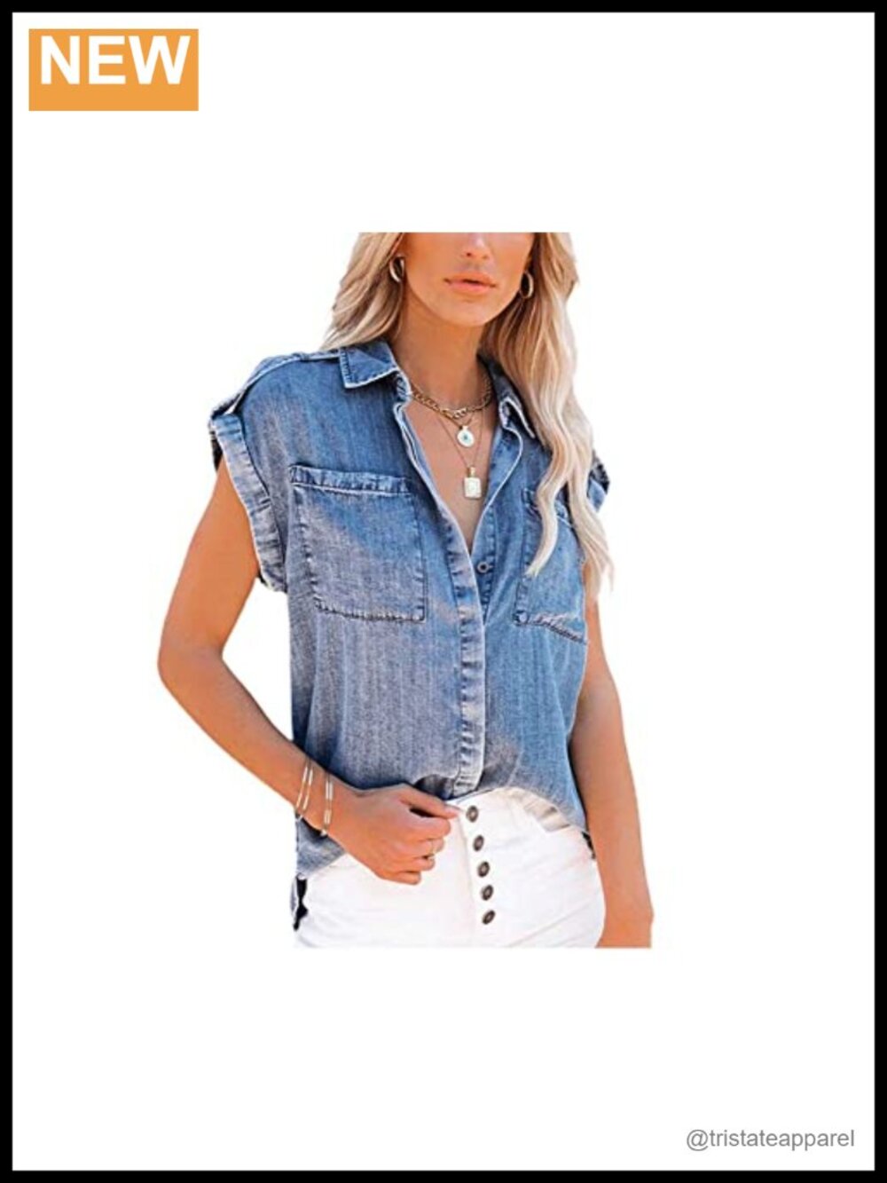 Distressed Sleeveless Denim Shirt Button Down Blouse Loose Fit Cotton